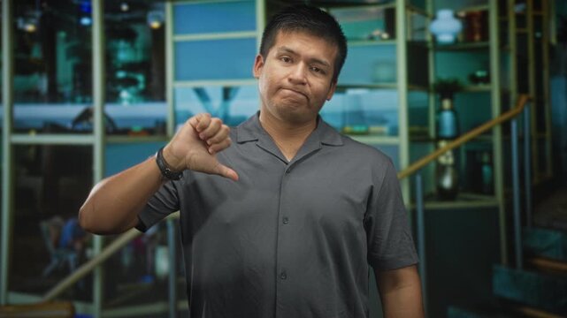 Man giving thumbs down with bare hands and neutral frown in airport lounge by glass shelving and brass handrail; disappointment.