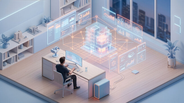 Executive Working at Desktop Console with Abstract Data Visualization and Structured Analysis Environment