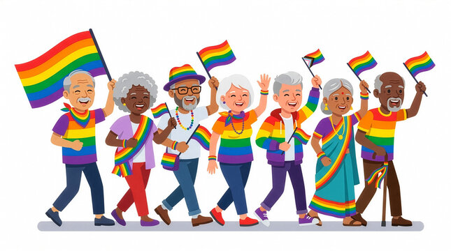 Group of Person Walking Together Holding Bright Colored Striped Banners Celebration Day Illustration