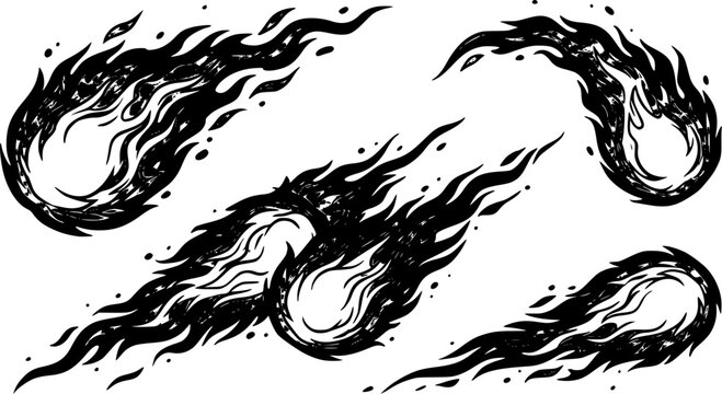 Cartoon fireball flying and burning with large red and orange flames creating a dangerous and hot environment, ideal for representing concepts related to fire, heat, and combustion