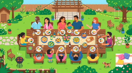 Naklejka premium Multiethnic friends enjoying a convivial meal at an outdoor garden pavilion scene