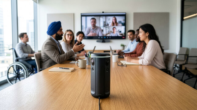 Modern Speaker Device on Large Conference Table Surface for Audio Technology Product Showcase