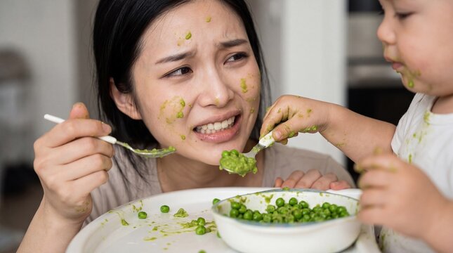 A mother grimaces as her toddler aggressively shoves a spoon of mashed peas at her face, leaving green streaks. It captures a humorous, stressed, and messy mealtime struggle.
