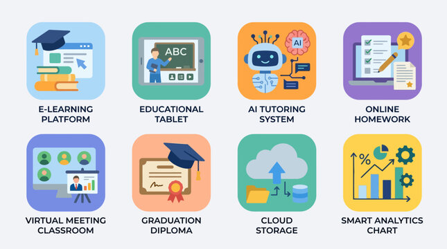 Digital e-learning and online education platform icon set