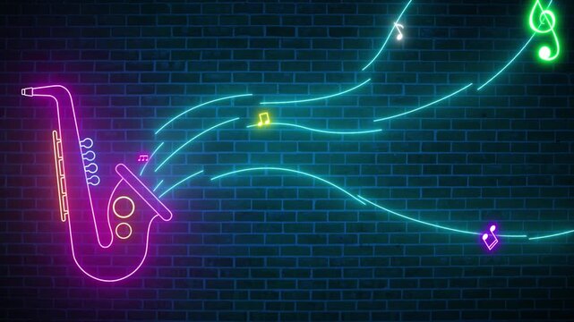 Neon lights colorful live music with musical notes and saxophone on brick wall background animation, Neon Music Bar Sign, Glowing musical notes and floating
