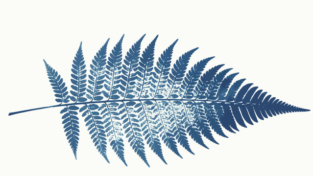Cyanotype Botanical Monoprint of a Symmetrical Fern Frond, Gradient Indigo Blue on Off-White Paper, Delicate Lacy Leaf Structure Study