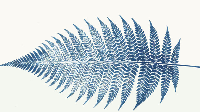 Minimalist Botanical Cyanotype Print of a Single Horizontal Fern Frond Featuring Intricate Serrated Leaf Structure on Soft Off-White Paper