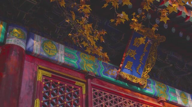 Hall of diligent government plaque with autumn leaves, beijing china