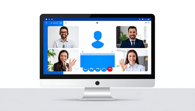 Video conference call interface showing four participants, business meeting, remote communication, social distancing, technology concept