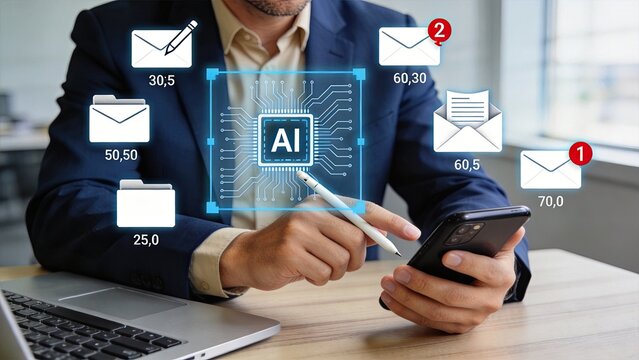 Businessman using smartphone with AI chip graphic and email icons floating around, depicting artificial intelligence in communication, automated inbox management, smart sorting