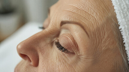 Naklejka premium Close-up of senior woman face with closed eyes and wrinkles