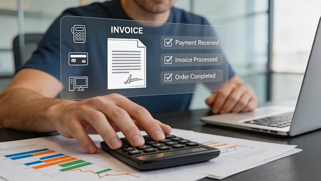 Professional calculating finances with calculator and laptop, featuring invoice processing and payment received status for business accounting.