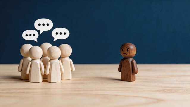 Lonely wooden figure standing apart from group of people, feeling excluded and isolated, social rejection concept, sadness and depression, mental health issues, bullying or