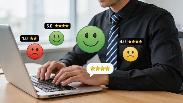 Customer satisfaction survey with star ratings and emoticons, positive and negative feedback review concept for business quality assessment.