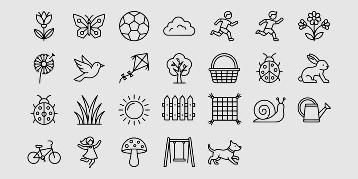 Icon set collection of spring season elements, park activities, and outdoor nature line objects designed professionally for graphic assets.
