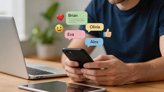 Man holding smartphone with floating chat bubbles and emojis showing social media communication, messaging app interface with names Brian Olivia Eva Alex on desk with laptop.