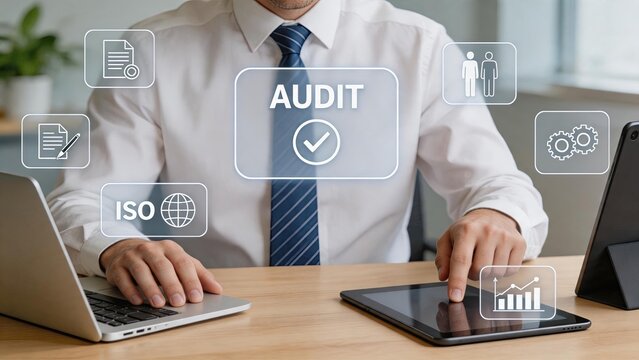 Corporate manager analyzing data on tablet with ISO audit certification icons representing international standards, quality assurance, global compliance and business performance