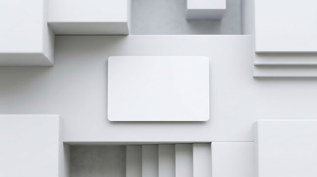 Blank hotel key card mockup placed on architectural white 3d steps representing luxury travel hospitality branding