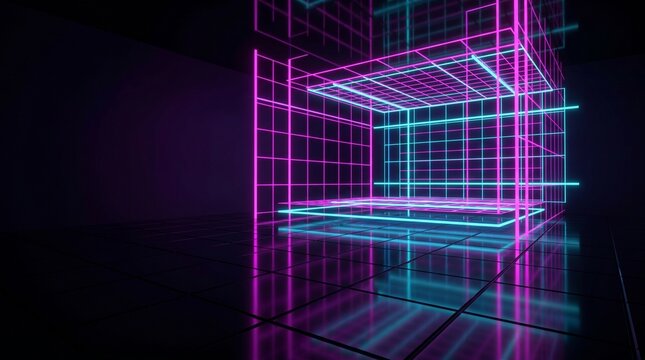 Cyberpunk neon pink and blue wireframe grid room with reflective floor
