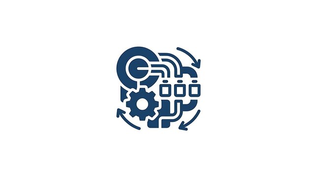 Industrial workflow automation icon featuring cogwheel gears and pipeline flow systems for manufacturing process optimization