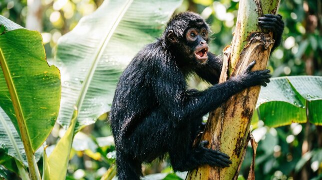 Expressive black spider monkey climbing banana tree trunk in lush tropical rainforest, natural wildlife habitat, Amazon jungle, sharp focus with blurred green background, professional wildlife photogr