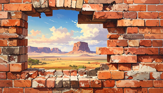 View through a hole in a weathered brick wall revealing a vast desert landscape with mesas under a blue sky with clouds