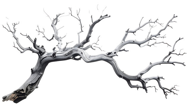 Weathered dead tree branch, gnarled and intricate, against a clean white backdrop, evoking a sense of natural decay and resilience