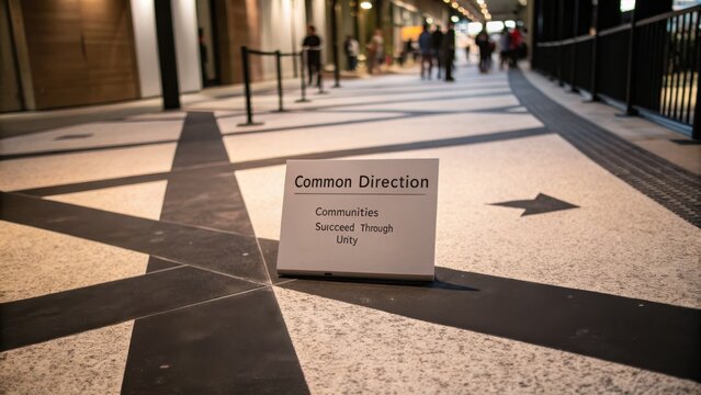 Signboard with 'Common Direction Communities Succeed Through Unity' message