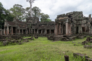 Fototapeta premium The ancient ruins of Preah Khan temple in Siem Reap, Cambodia, overgrown with trees, showcase the enduring power of nature reclaiming historical architecture.