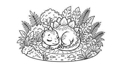 Little Stegosaurus Dinosaur Sleeping in Tropical Forest Coloring Book Page Illustration for Children © Taufik-DeGra