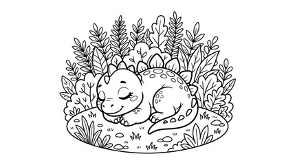 Hand Drawn Sleeping Baby Stegosaurus Dinosaur in Forest Foliage Coloring Book Page for Children © Taufik-DeGra