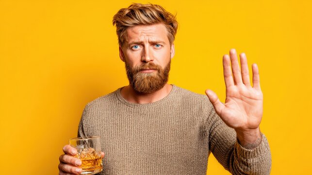 A bearded man with a serious expression holds a glass of whiskey while raising his hand in a stop gesture against a yellow background.