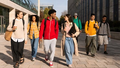 Fototapeta premium Diverse Group of College Students Walking Together on Campus.