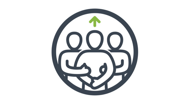 Three stylized figures with arrow pointing up in circular frame icon