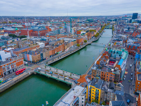 Grattan Bridge aerial view with historic commercial buildings at Ormond Quay Lower on River Liffey, Dublin old city, Ireland. 