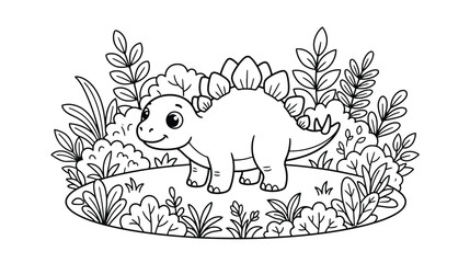 Cute Stegosaurus Dinosaur Coloring Page for Kids Prehistoric Landscape Line Art Illustration © Taufik-DeGra