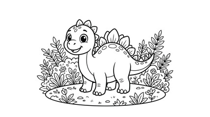 Cute Baby Stegosaurus Dinosaur Coloring Page for Kids, Prehistoric Forest Line Art Illustration © Taufik-DeGra