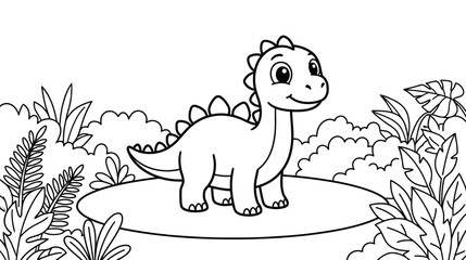 Cute Baby Dinosaur Coloring Page in a Prehistoric Jungle for Kids Simple Black and White Line Art © Taufik-DeGra