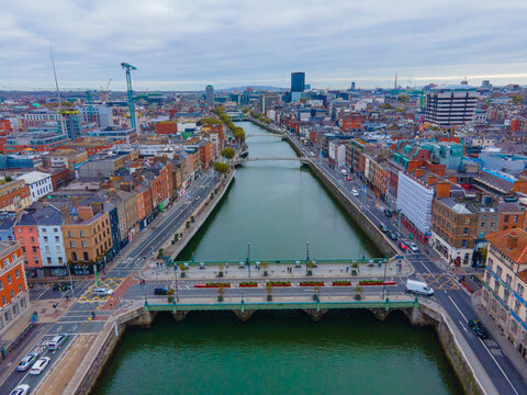 Grattan Bridge aerial view with historic commercial buildings at Ormond Quay Lower on River Liffey, Dublin old city, Ireland. 