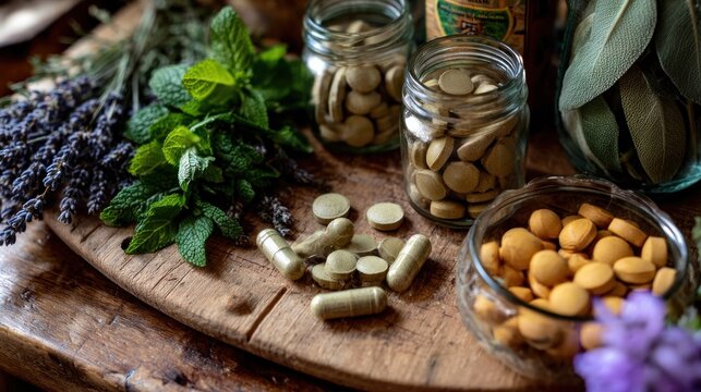 Herbal remedies and pills arrangement on wooden board for health and wellness