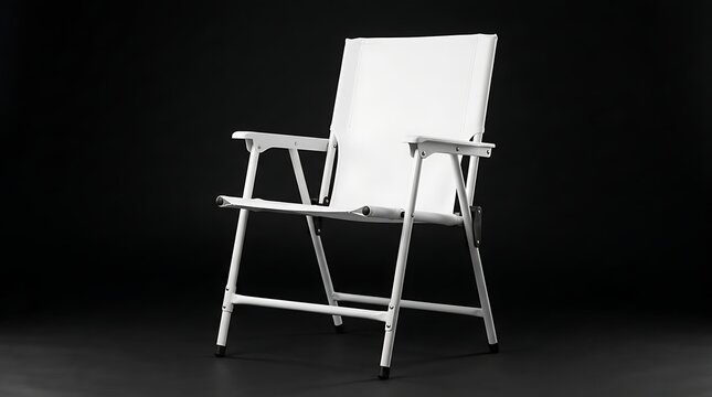 Isolated foldable camping chair with white fabric seat on black background for outdoor leisure, travel gear, gear branding