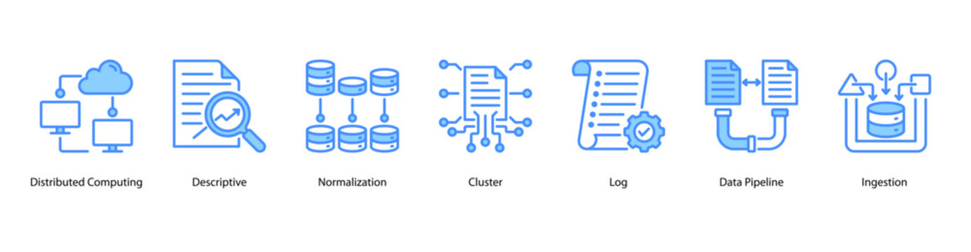 Data Processing web banner icon vector illustration featuring Distributed Computing, Descriptive, Normalization, Cluster, Log, Data Pipeline, and Ingestion.