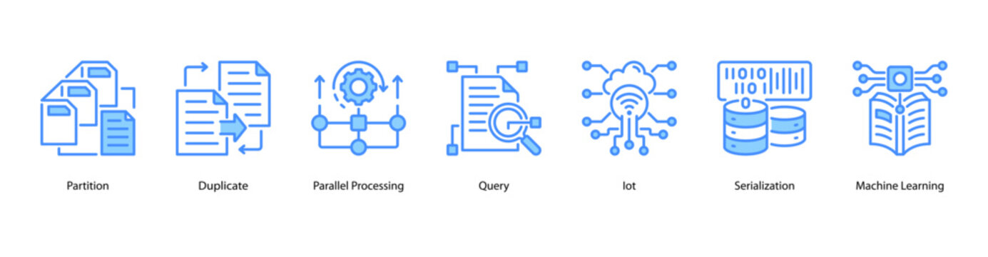 Intelligent Data web banner icon vector illustration featuring Partition, Duplicate, Parallel Processing, Query, IoT, Serialization, and Machine Learning.