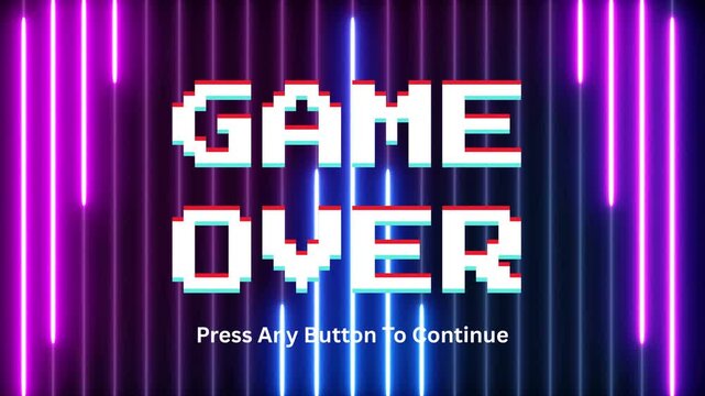 Vibrant 'game over' screen with pixelated text and 'press any button' prompt, illuminated by electric neon lights, embodying a classic retro gaming aesthetic