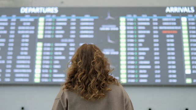 Woman stands at airport terminal, watching digital flight board. She waits patiently, hair flows softly. Screen shows departures and arrivals in multiple languages