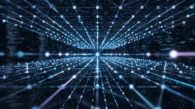Abstract Digital Network Grid with Blue Glowing Nodes and Lines.