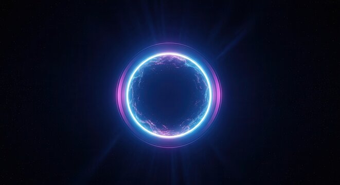 Abstract glowing neon circle with purple and blue light effects on a dark background.