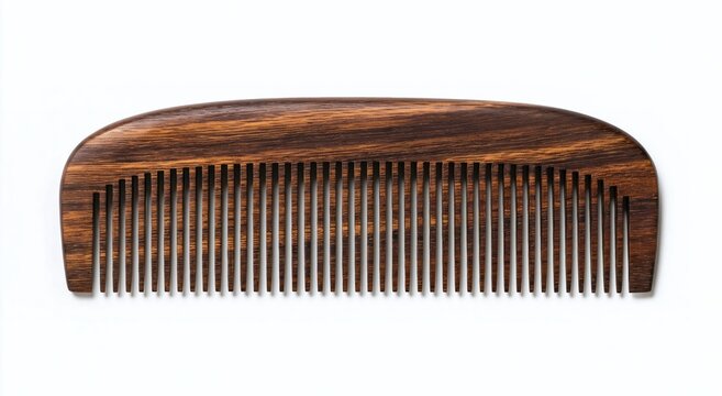 Natural dark wood comb with fine teeth, isolated on white, organic grooming accessory