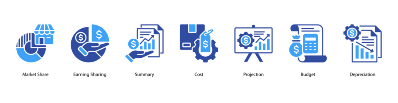 Business Finance web banner icon vector illustration featuring Market Share, Earning Sharing, Summary, Cost, Projection, Budget, and Depreciation.
