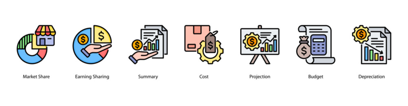 Business Finance web banner icon vector illustration featuring Market Share, Earning Sharing, Summary, Cost, Projection, Budget, and Depreciation.